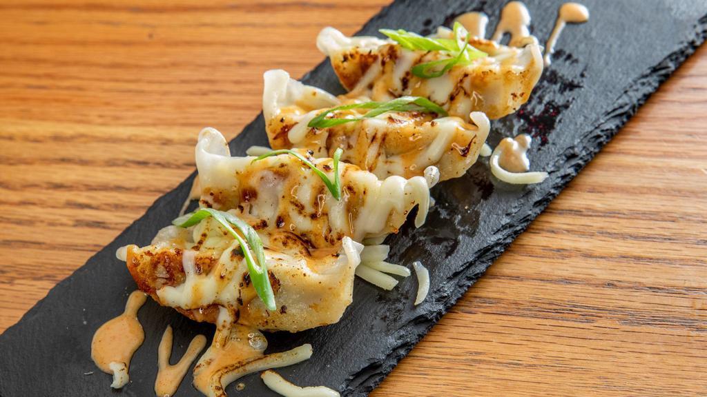 Gyoza · Pan seared chicken, pork, and cabbage with black ginger sauce.