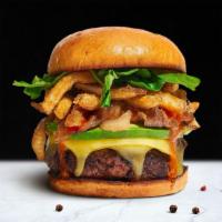 Eyes On Fries Burger · American beef patty topped with fries, avocado, caramelized onions, ketchup, lettuce, tomato...