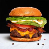 Early Munch Burger · American beef patty topped with bacon, fried egg, avocado, melted cheese, lettuce, tomato, o...