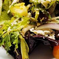 Mediterranean · mixed greens, olives, cucumbers, red onions, cherry tomatoes, chickpeas, gorgonzola, olive o...