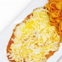 Chicken Parmigiana · Fried chicken cutlet topped with tomato sauce & melted mozzarella cheese served with a side ...