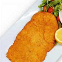 Chicken Milanese · Breaded chicken cutlet with mashed potatoes & arugula & cherry tomatoes salad