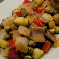 Mixed Vegetables · Sauteed eggplant, onions, bell peppers, zucchini, green peas in garlic and olive oil sauce