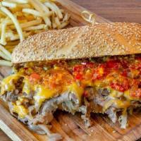 Cheesesteak · Thinly Sliced Filet + Ribeye, Shishito Pepper Spread, Mushrooms, Cheddar Beer Cheese, Frizzl...