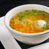 Chicken Matzo Ball Soup · Fresh house made Chicken broth with Matzo Ball & egg noodles. (NO MSG or additives, Made fro...
