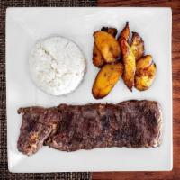 Churrasquito · Skirt steak with rice and fried plantains.