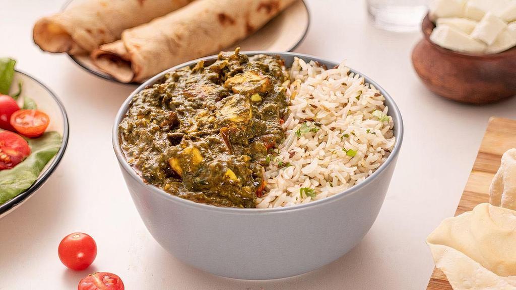 Palak Paneer Bowl · Classic North Indian dish with a light spinach sauce and Indian farmer's cheese.  Spice Level: Mild