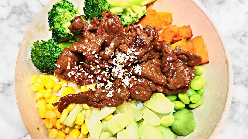 5 Spice Beef Bowl · Tender prime beef, charred broccoli, roasted sweet potato, cucumber, edamame, corn, sesame seed with teriyaki sauce.