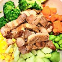 Charred Chicken Bowl · Charred chicken thigh, charred broccoli, roasted sweet potato, cucumber, edamame, corn, sesa...