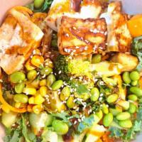 Classic Tofu Bowl · Seared tofu, charred broccoli, cucumber, edamame, corn, kale, roasted sweet potato, sesame s...