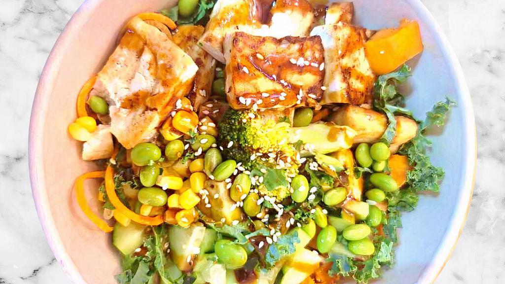 Classic Tofu Bowl · Seared tofu, charred broccoli, cucumber, edamame, corn, kale, roasted sweet potato, sesame seed with teriyaki sauce.