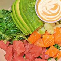 Salmon Avocado Bowl · Salmon (Raw), seaweed salad, crabmeat salad, sweet onion, cucumber, edamame, corn, avocado, ...