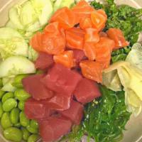 Rainbow Love Bowl · Ahi Tuna (Raw), Salmon (Raw), seaweed salad, crabmeat salad, sweet onion, cucumber, edamame,...