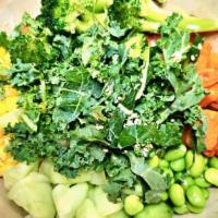 Daily Harvest Bowl · Charred broccoli, cucumber, edamame, corn, kale, tomato, roasted sweet potato, sesame seed w...