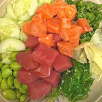 Fortune Poke Bowl · Ahi Tuna (Raw), Salmon (Raw), seaweed salad, crabmeat salad, sweet onion, cucumber, edamame,...