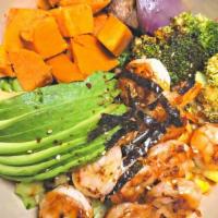 Grilled Shrimp Bowl · Grilled Shrimp, charred broccoli, roasted sweet potato, cucumber, edamame, corn, sesame seed...