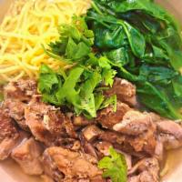 Charred Chicken Ramen Noodle Soup · Japanese ramen noodle with tonkotsu soup base. Contains charred chicken, spinach, corn, cila...