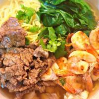 Beef And Shrimp Ramen Noodle Soup · Japanese ramen noodle with tonkotsu soup base. Contains prime beef, grilled shrimp,  spinach...