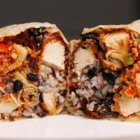 Chicken Burrito · Lettuce,Pico,Cheddar,Crema,White Coconut Rice & Black Beans.