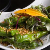 Shishito Peppers · Blistered peppers, bonito flakes, sesame seed