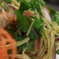 Green Mango Salad · Shredded green mango, peanuts, cilantro, red onions, and scallions. Tossed with a tamarind v...