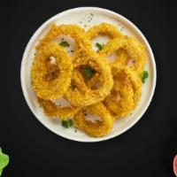 Golden Crunch Onion Rings · Sliced onions dipped in a light batter and fried until crispy and golden brown.