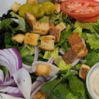 Garden Salad · Chopped romaine, red onion, olives, tomatoes,pepperoncini and garlic croutons.