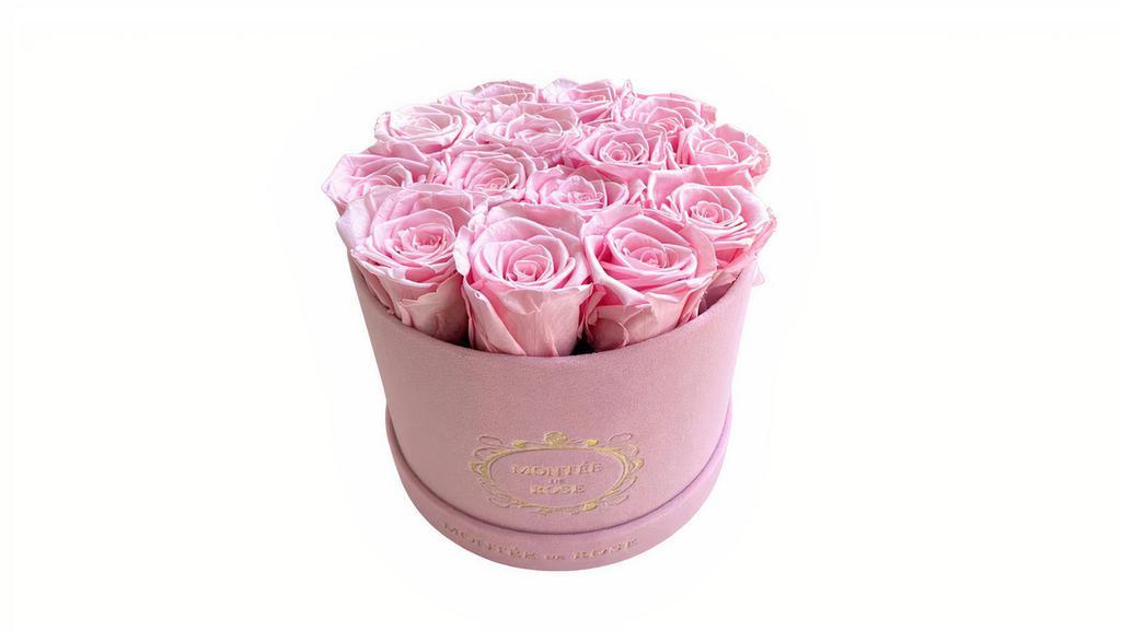 Suede Pink Medium Round · Suede Pink Round Box with 13-15 Preserved Roses