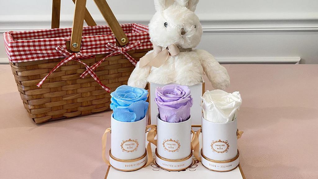 Breezy Mini Set · Rose colors from left to right: Bright Blue, Light Pink, Pure White (bunny included)