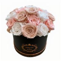 Blush Dome · Black Round Box with 22-24 Preserved Roses • Blush, Peach (NEW COLOR), Pure White combination