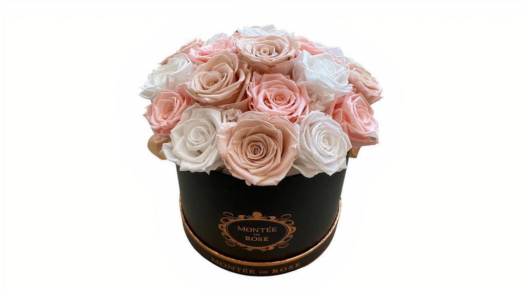 Blush Dome · Black Round Box with 22-24 Preserved Roses • Blush, Peach (NEW COLOR), Pure White combination