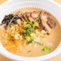 Ramen Noodle Soup · Four hour braised pork, scallion, ginger, nori, togarashi (pepper), sesame seeds, tempura fl...