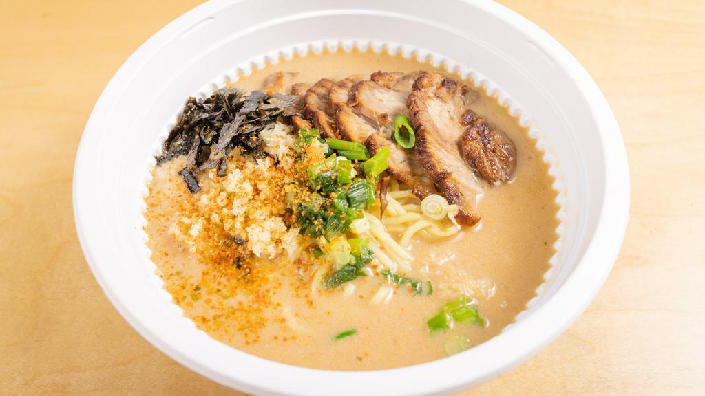 Ramen Noodle Soup · Four hour braised pork, scallion, ginger, nori, togarashi (pepper), sesame seeds, tempura flakes.