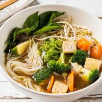 Greenie Veggie Pho Noodle Soup · Mixed vegetables. Served with vegetarian broth soup, onions, scallions, and lemon, basil and...