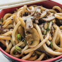Wild Mushroom Noodles · udon noodles, wild mushroom medley, scallions, honey miso garlic sauce