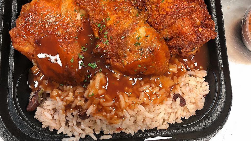 Fried Chicken  · you'll love our crispy fired chicken with your choice of sauce white rice or rice and peas