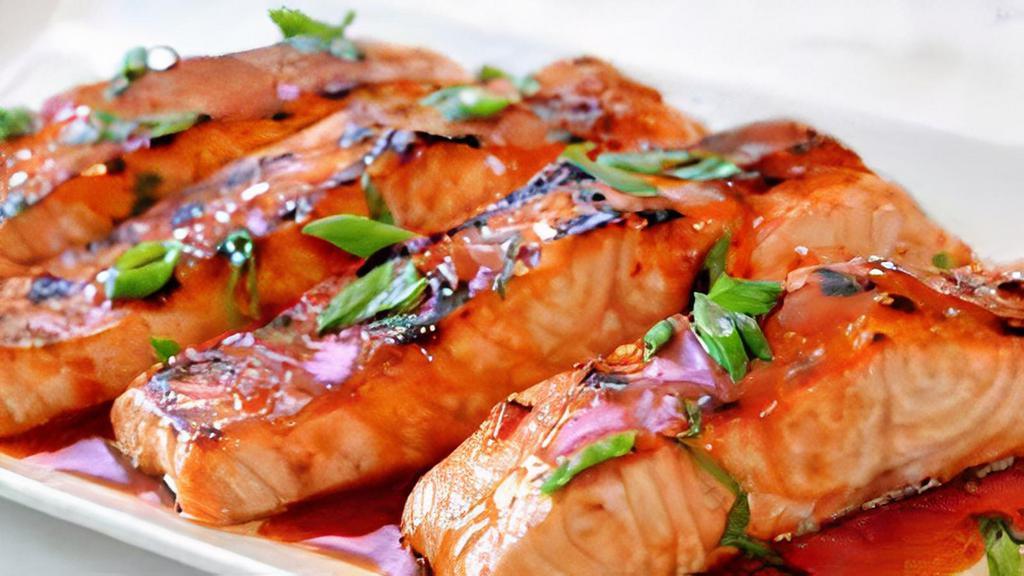 Sweet & Sour Salmon  · salmon and rice meal served with macaroni salad or lettuce and tomatoes