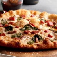 Farmhouse Pizza · butcher-chopped bacon, prosciutto, pepperoni, sauteed spinach, fresh mozzarella, fonduta, pa...