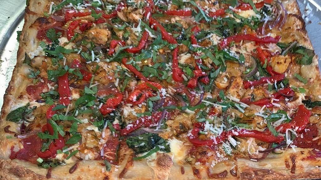Vegetarian Lg · Grande Mozzarella, Marinated Artichokes, Red Onions, Roasted Red Peppers, Spinach, Garlic & Tomato Sauce