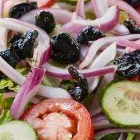 House Salad · Romaine, cured black olives, cucumbers, Roma tomatoes and red onions. Served with house dres...