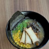 Vegetatian Ramen · Vegetarian miso broth with tofu chashu, scallions, wood ear mushroom, corn, and toasted seaw...