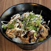 Karaage Don · Fried chicken over rice, scallions, with sweet and savory sauce
