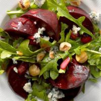 Sweetheart Beet Salad · Organic red beets, Baby arugula, pistachios, feta cheese, red wine pomegranate reduction