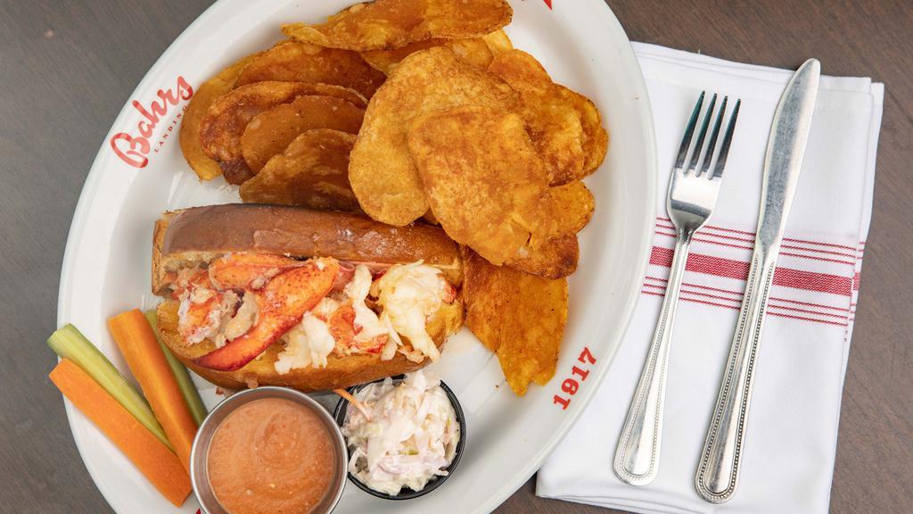 Hot Lobster Roll · Lobster meat  poached in butter  on toasted  brioche served with house made potato chips