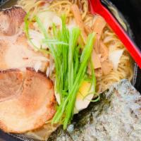 Shoyu · Soy sauce flavored chicken broth noodles. Toppings: pork, egg, seaweed, scallion, onion, bam...