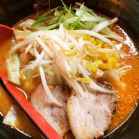 Kara Miso · Spicy soybean paste flavored chicken broth noodles. Toppings: Pork, scallion, corn, bamboo s...