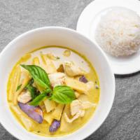Green Curry · Green curry with bamboo shoots, basil, coconut milk and eggplant with your choice of spice.