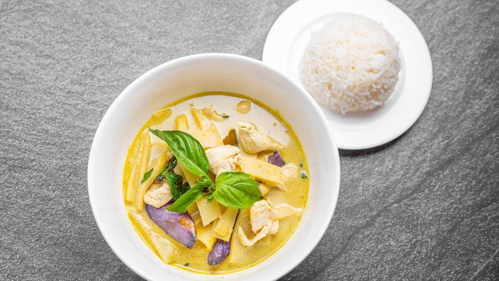 Green Curry · Green curry with bamboo shoots, basil, coconut milk and eggplant with your choice of spice.