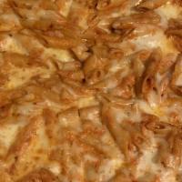 Penne Vodka Pizza · Penne made in a Pink cream Vodka sauce topped with Mozzarella on our famous Pizza!