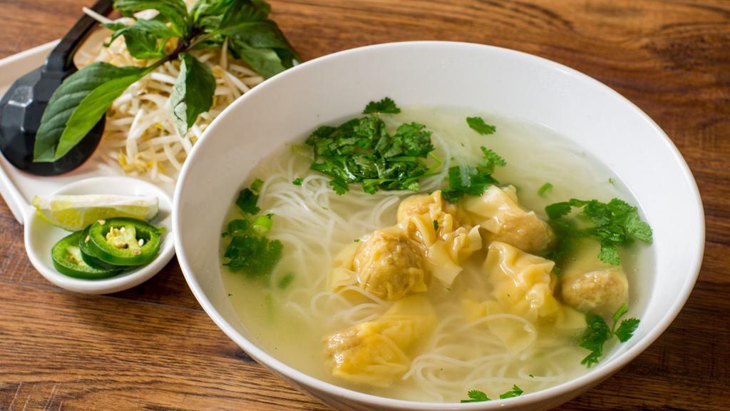 Phở Chicken Broth Noodle Soup · Chicken broth and rice noodles. Topped with scallion, onion and cilantro. Served with bean sprout, jalapeno, basil, and lime or lemon.